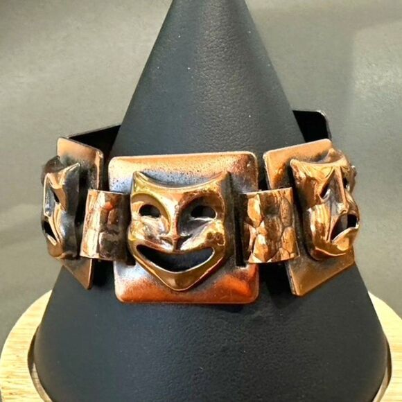 Vintage Comedy &Tragedy Copper Tone Link Face Mask Bracelet 7" - Picture 1 of 6